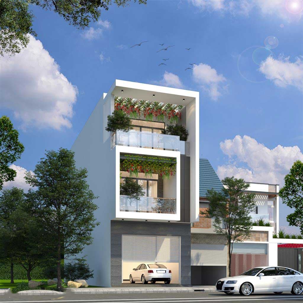 nhà ống đẹp 3 tầng 5m có gara ô tô tối giản