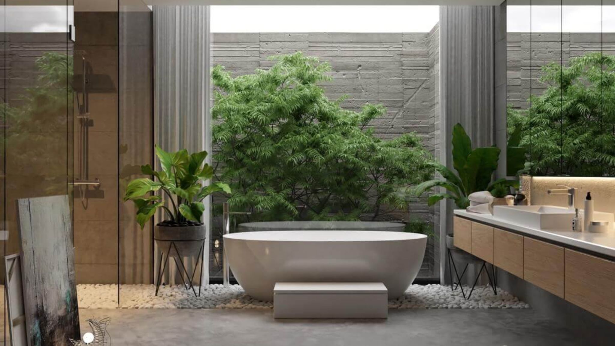 mẫu nhà tắm thiết kế cây xanh tươi mát