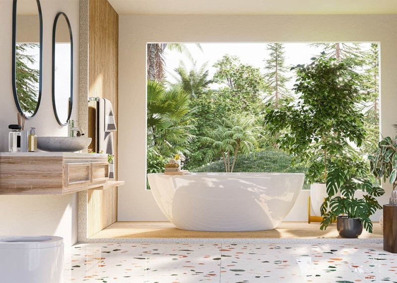 Nhà vệ sinh có cửa sổ lớn và cây xanh