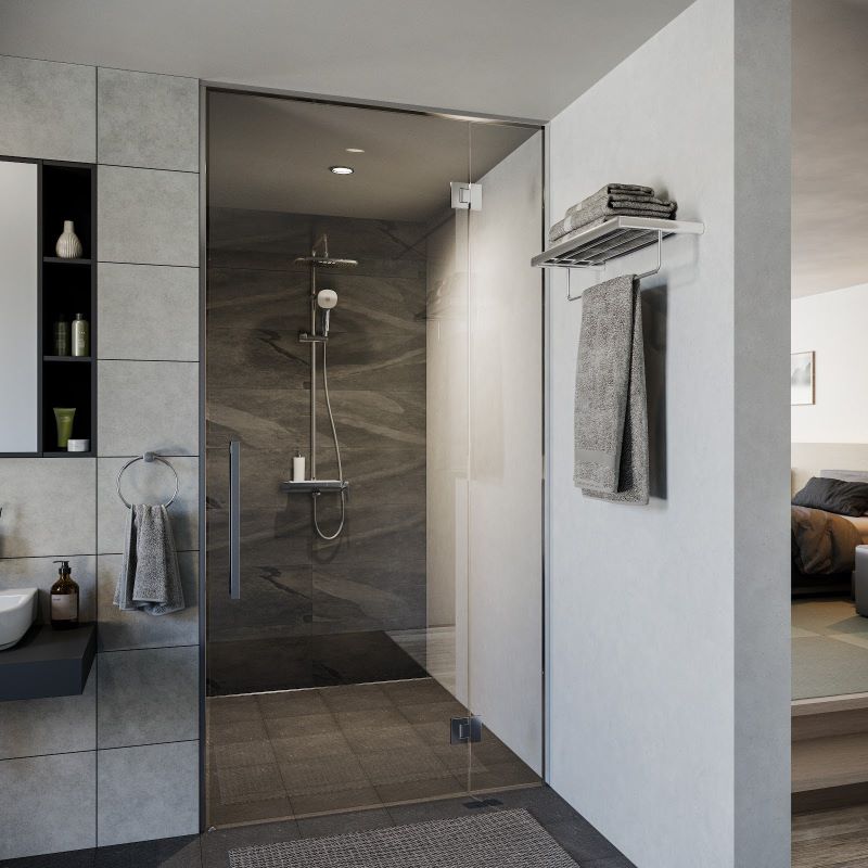 Nhà vệ sinh có bồn tắm đứng tối giản