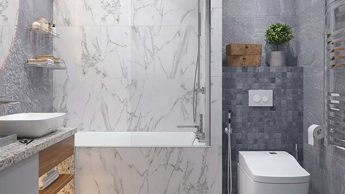 Nhà vệ sinh có nhà tắm riêng tông xanh mát