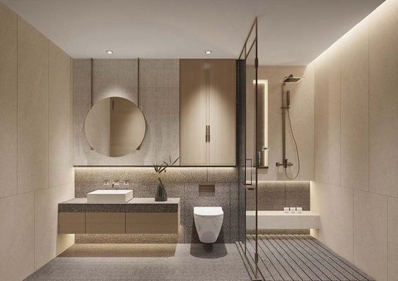 Nhà vệ sinh hiện đại tông vàng ấm