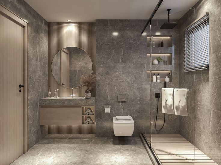 Nhà vệ sinh gam màu tối với trần thạch cao