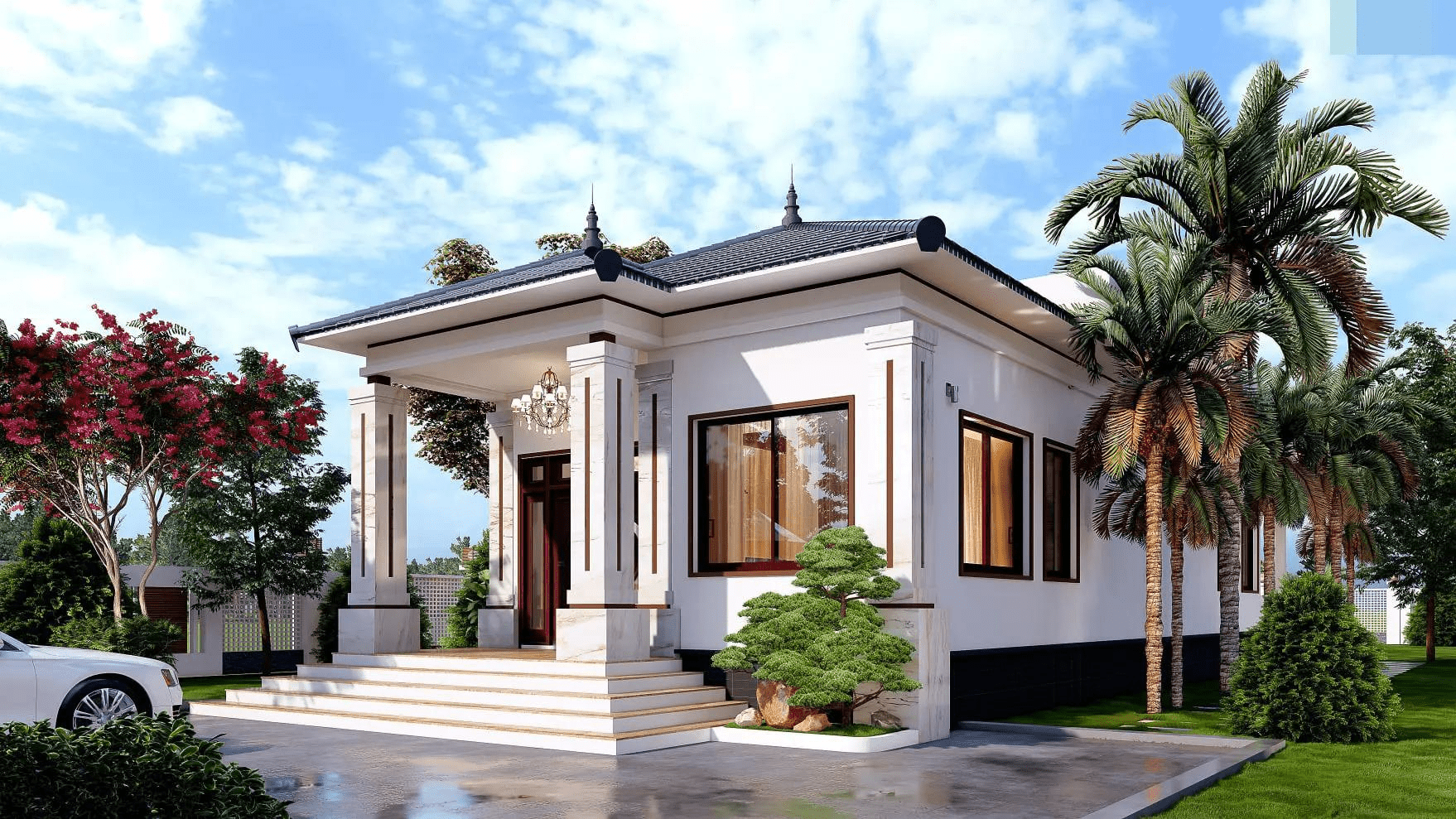 Mẫu nhà cấp 4 mái thái 8x12m có sân vườn rộng được nhiều người ưa chuộng