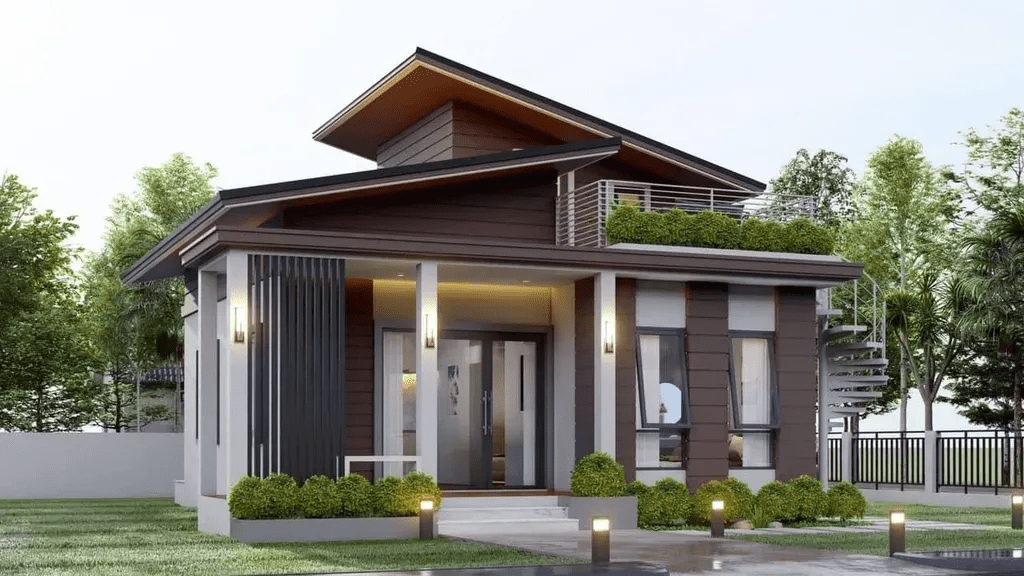 Ngôi nhà mái lệch độc đáo có cả gác lửng làm phòng ngủ cho bé trai, gái và ban công