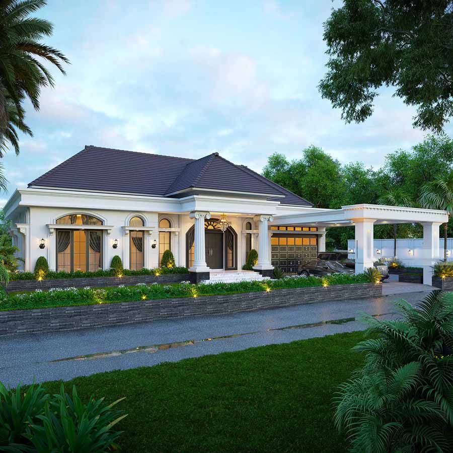 Mẫu nhà vườn cấp 4 sang trọng quý phái với thiết kế tân cổ điển