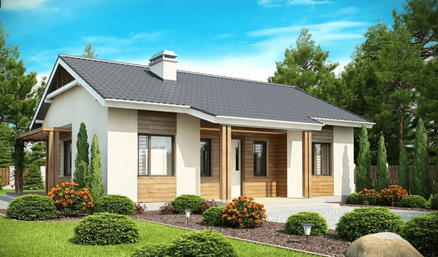 Ngôi nhà cấp 4 đẹp 3 phòng ngủ nhỏ kết hợp nhiều cửa sổ và cây cối xung quanh