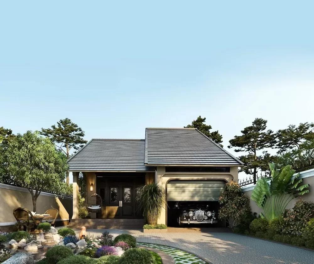 Mẫu nhà vườn cấp 4 đẹp với sân vườn rộng và gara ô tô tích hợp