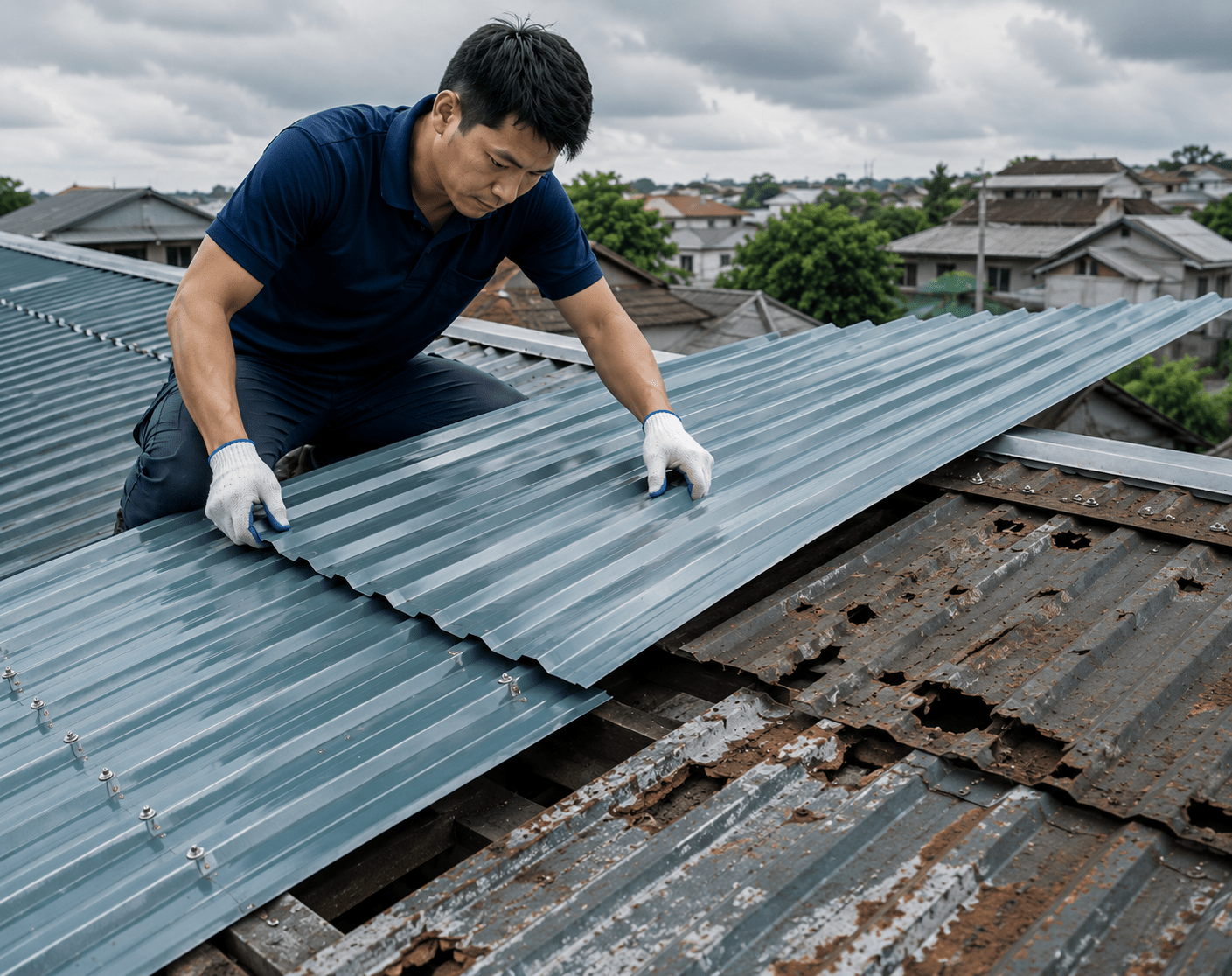 Những tấm tôn đã thủng, rỉ nặng hoặc biến dạng được thay mới để tránh tái dột khi mưa lớn 