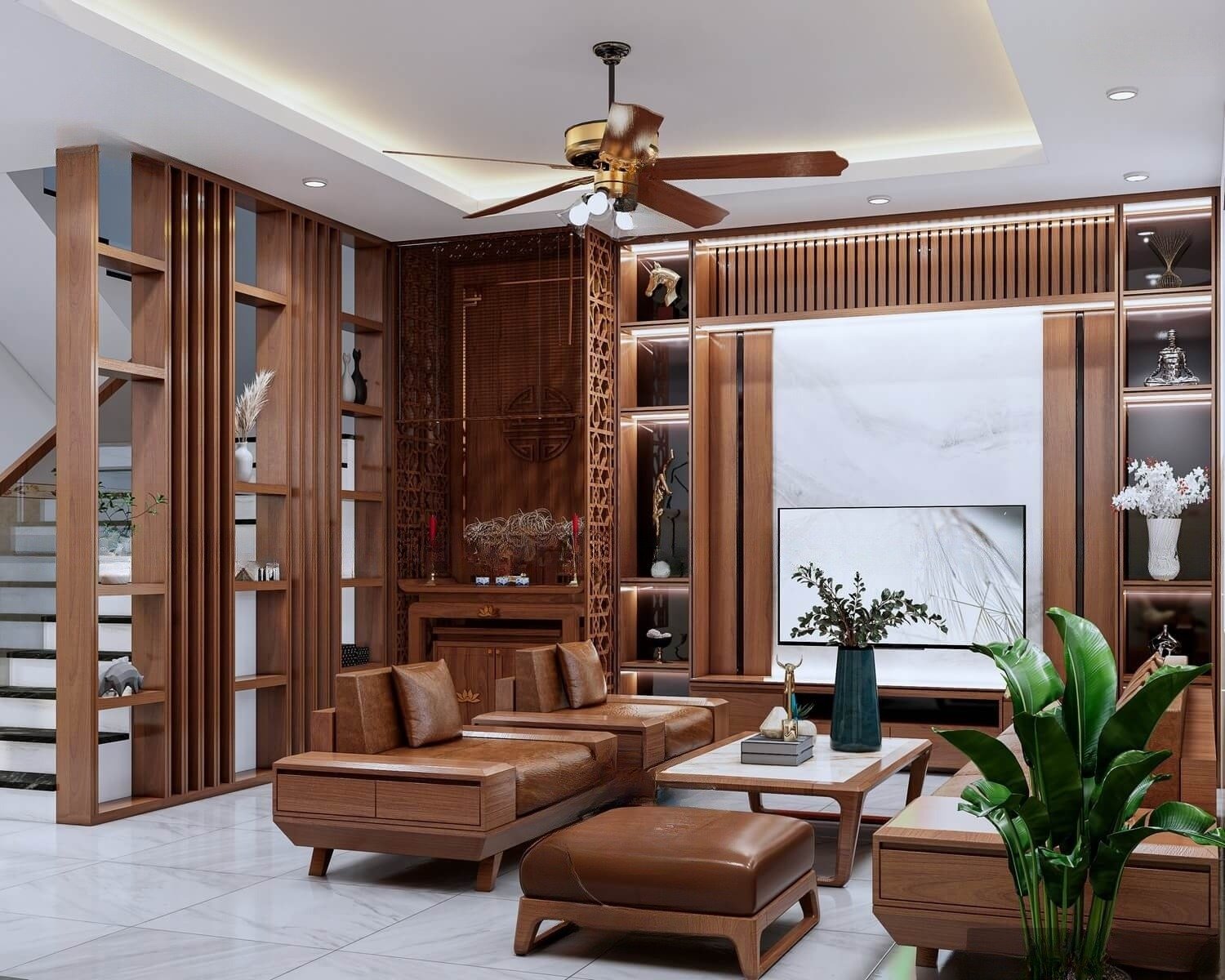 Thiết kế phòng khách nhà cấp 4 với nội thất bằng gỗ tự nhiên bền chất lượng