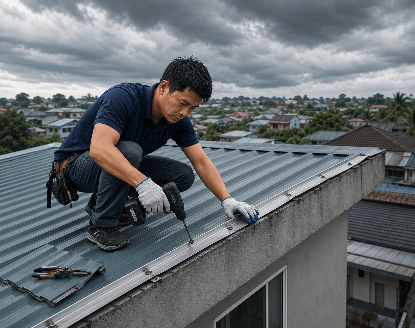 Phần rìa mái được cố định thêm bằng vít và thanh giữ hạn chế gió luồn vào bên dưới tấm tôn 