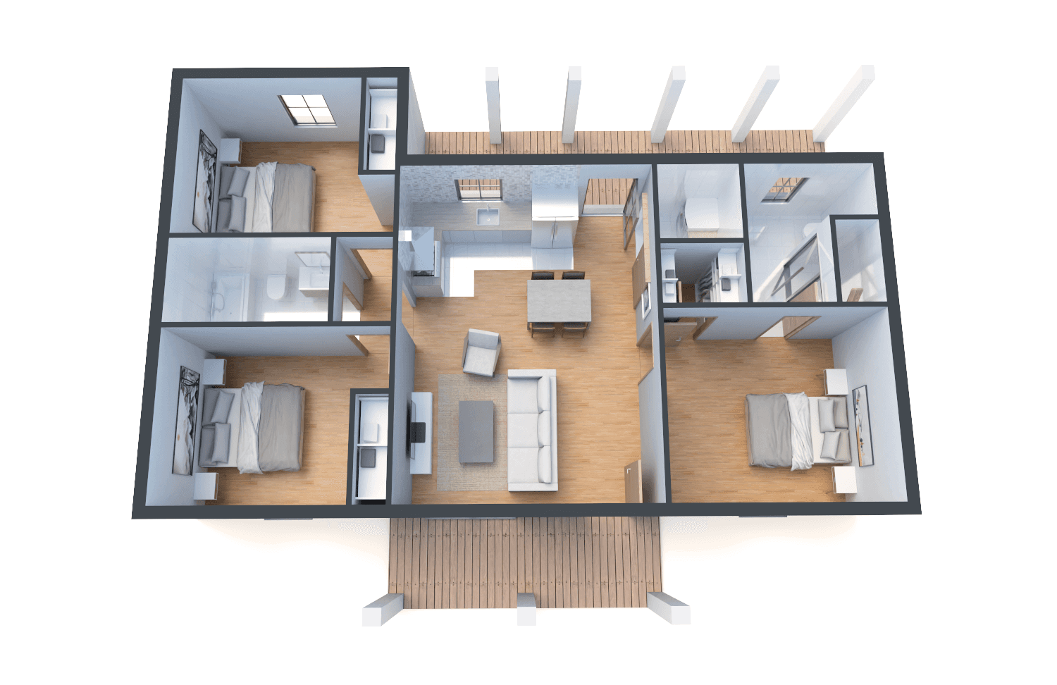 Phối cảnh 3D bản vẽ nhà cấp 4 3 phòng ngủ 450 triệu tham khảo