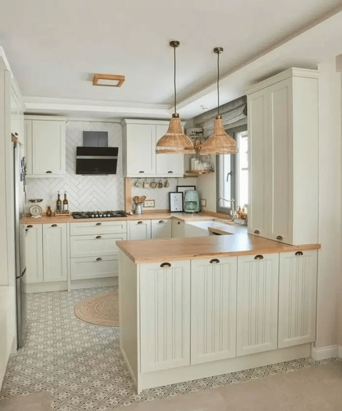 Mẫu phòng bếp với tủ bếp chữ U cho phòng bếp chung cư biệt thự