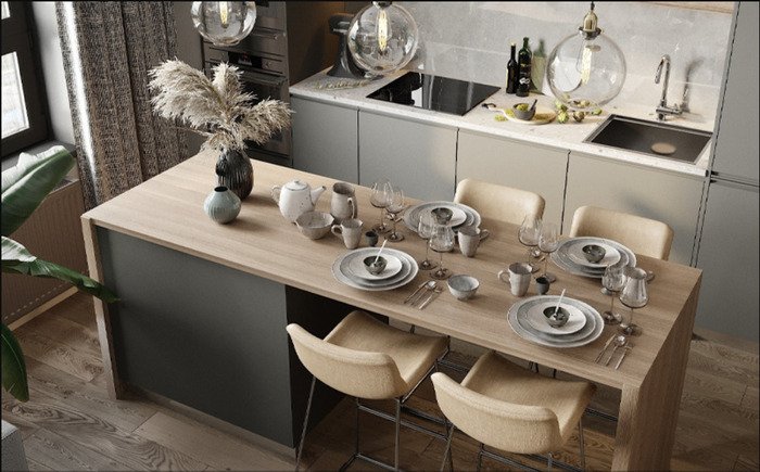 Mẫu phòng bếp có tủ bếp liền bàn ăn thông minh, hiện đại