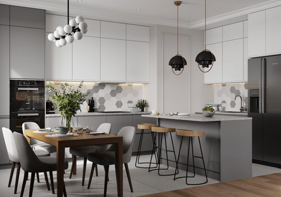 Mẫu phòng bếp nhà ống 5m với thiết kế nội thất và tủ bếp hiện đại