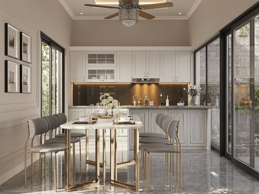 Mẫu phòng bếp nhà ống 5m đẹp, thiết kế theo xu hướng tân cổ điển