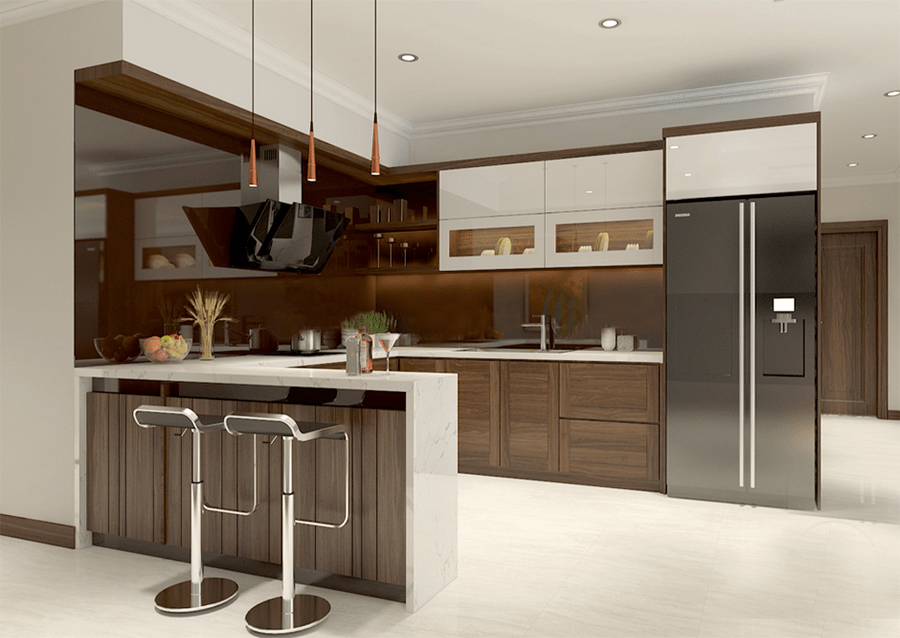 Mẫu phòng bếp nhà ống 5m đẹp, đơn giản với tông màu nâu đen chủ đạo