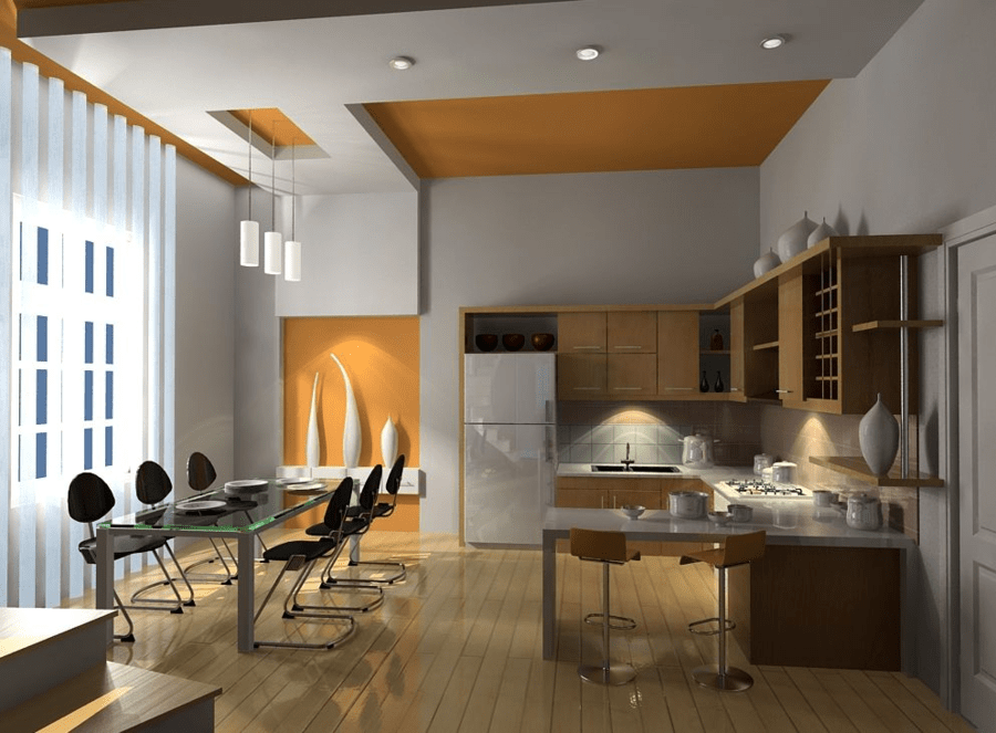 Mẫu phòng bếp nhà ống 5m đẹp, hiện đại với trần thạch cao giật cấp kín