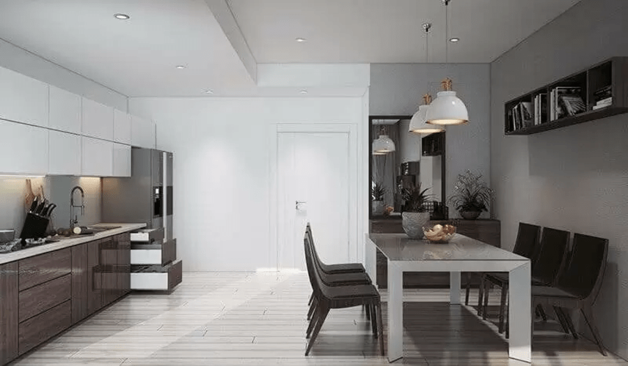 Mẫu phòng bếp nhà ống 5m đẹp với gam màu trung tính