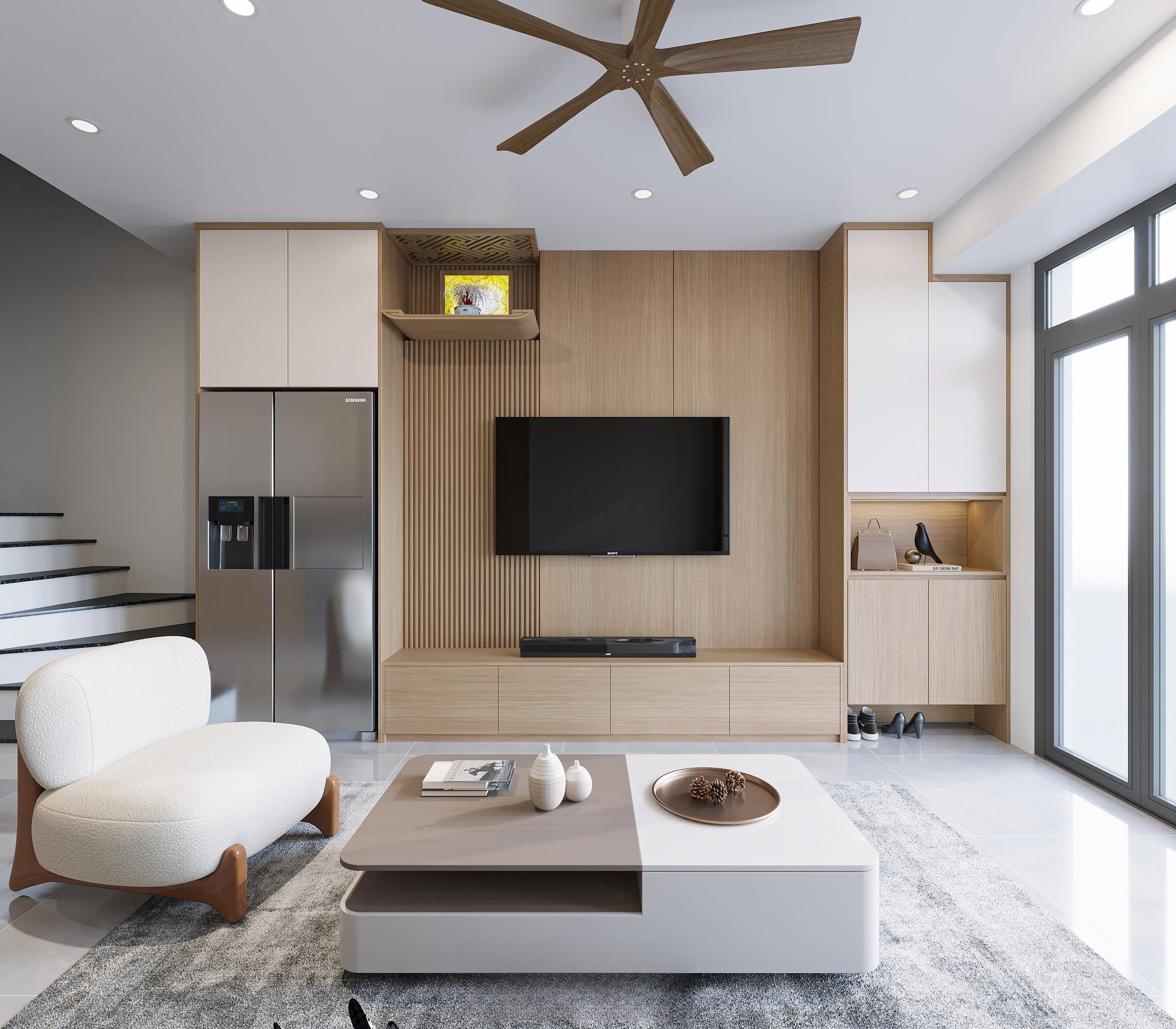 Thiết kế phòng khách đẹp, đơn giản với các sản phẩm nội thất gam màu trung tính