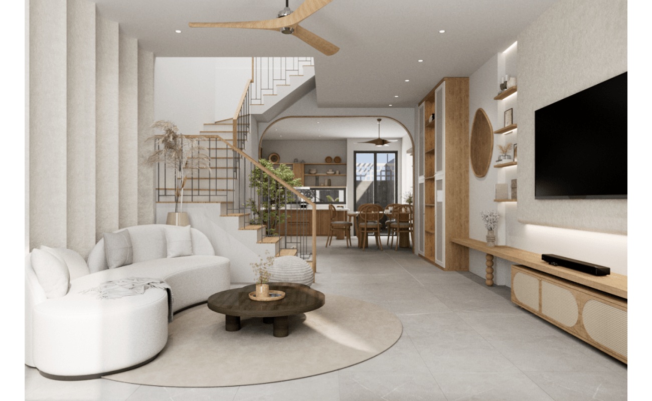 Mẫu phòng khách nhà phố 2 tầng với không gian thông thoáng