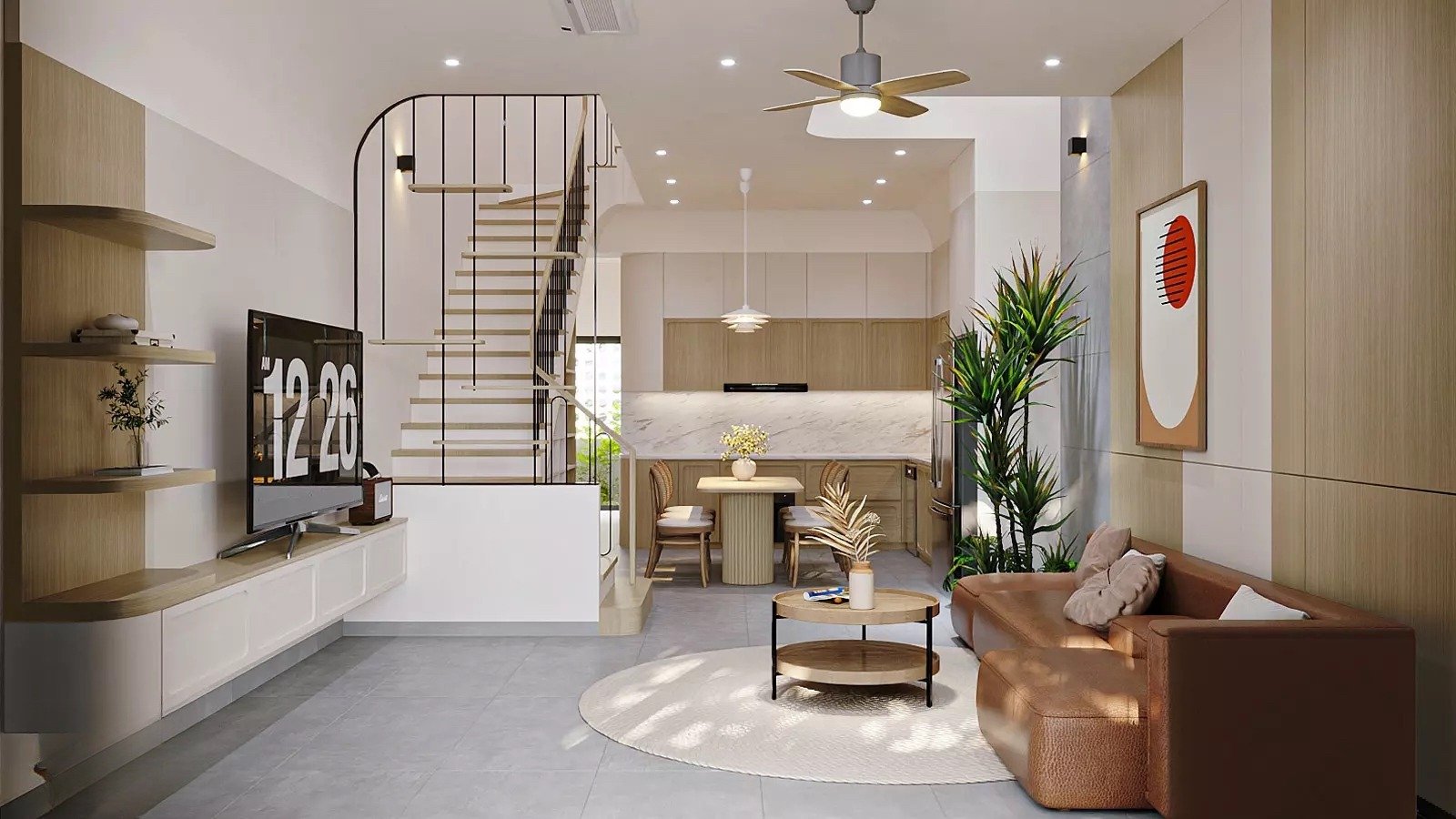 Mẫu phòng khách nhà phố liền bếp hiện đại, tiện nghi