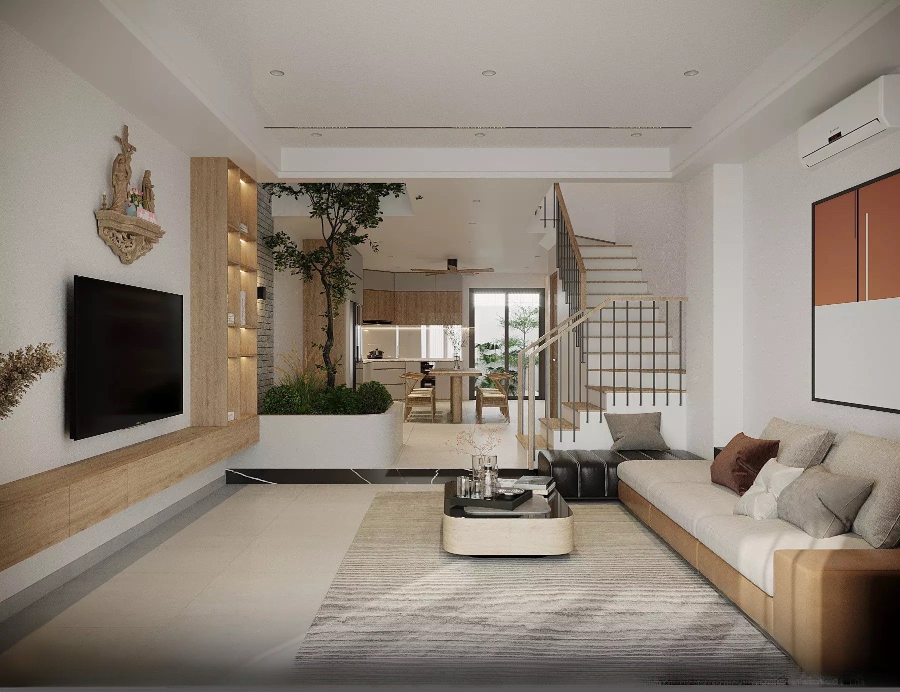 Mẫu phòng khách có bàn thờ ấm cúng và trang trọng