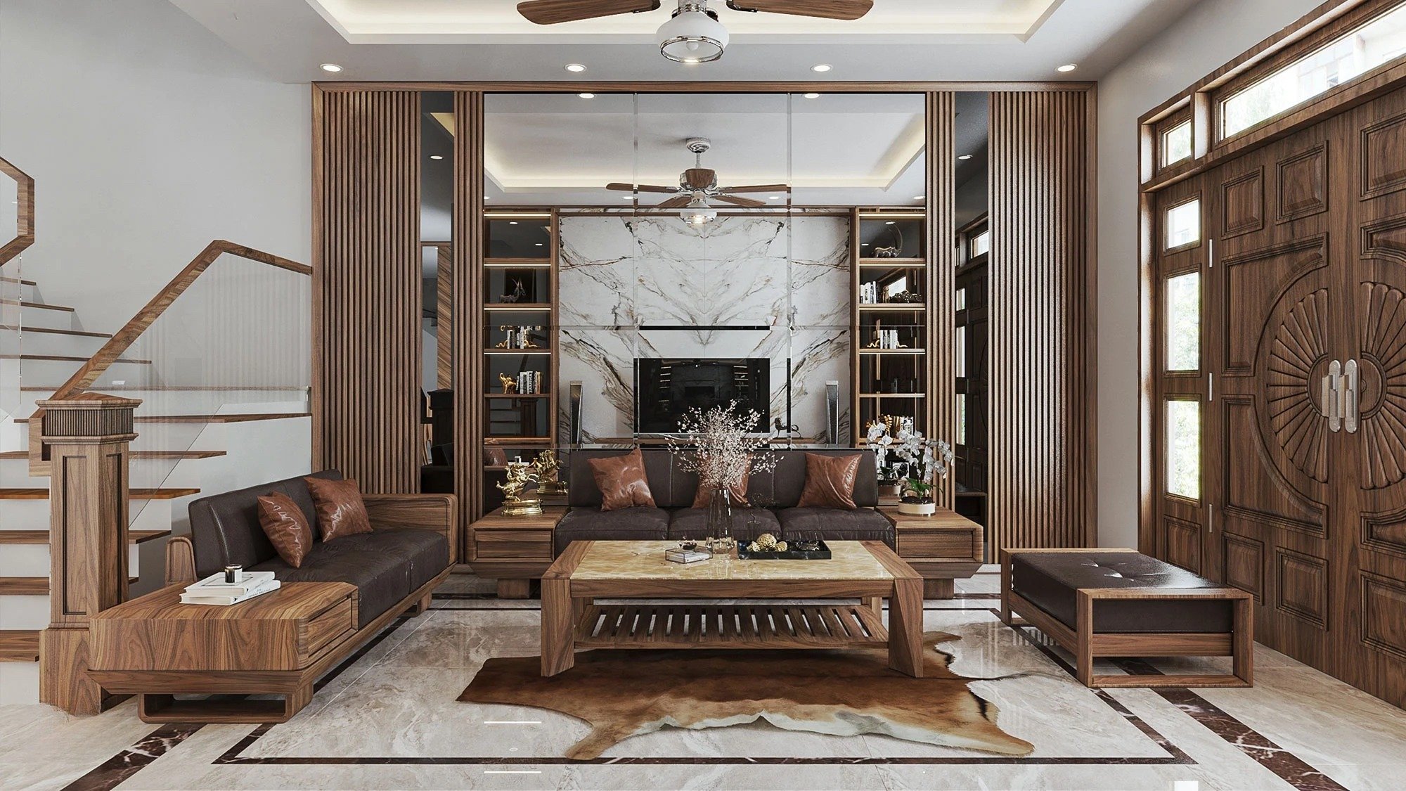 Mẫu phòng khách hiện đại sang trọng với gỗ óc chó