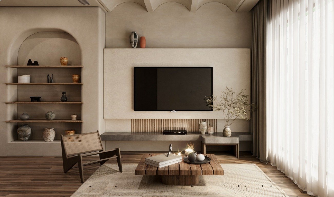 Mẫu phòng khách Wabi Sabi giản dị, thanh tịnh