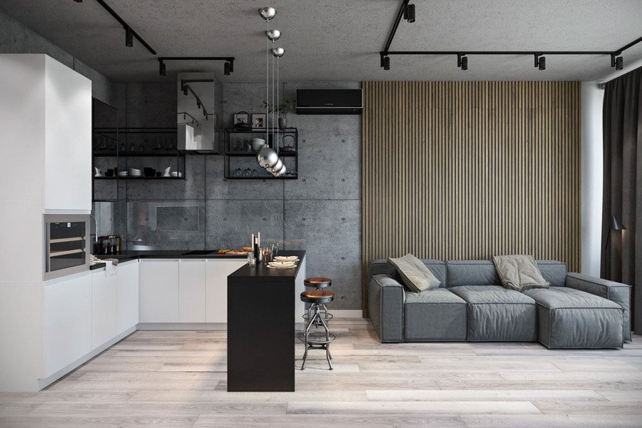 Phân chia không gian phòng khách và phòng bếp nhà ống bằng quầy bar mini