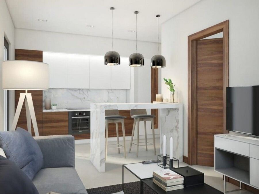 Mẫu phòng khách liền bếp nhà ống nhỏ