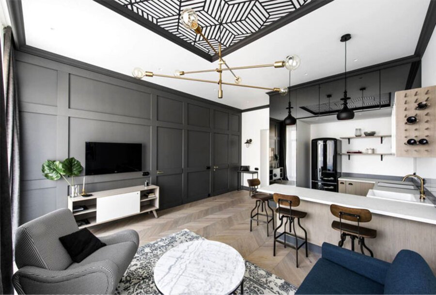 Mẫu thiết kế phòng khách liền bếp nhà ống 40m2 đẹp