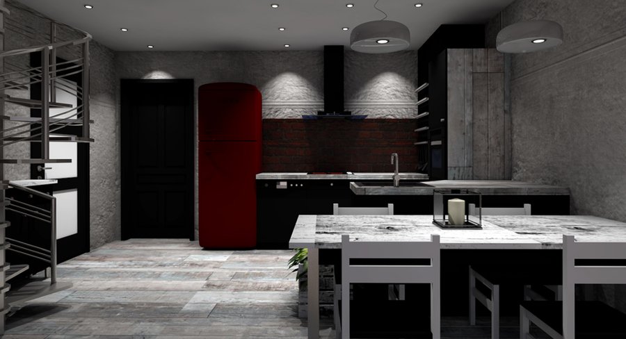 Mẫu phòng khách liền bếp nhà ống 50m2