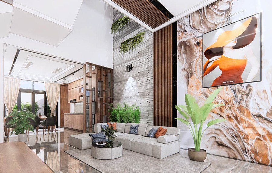 Mẫu phòng khách liền bếp nhà ống kết hợp trang trí cây xanh