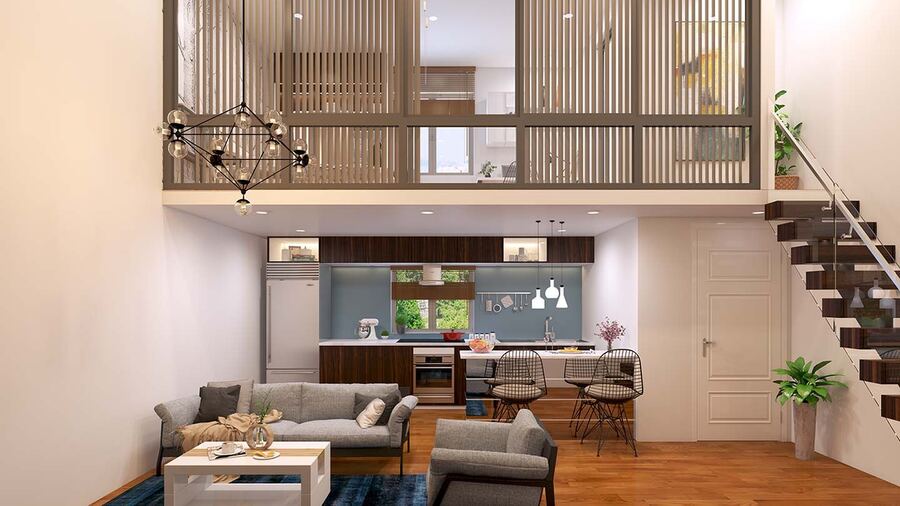 Mẫu phòng khách liền bếp nhà ống đẹp, thiết kế tối giản