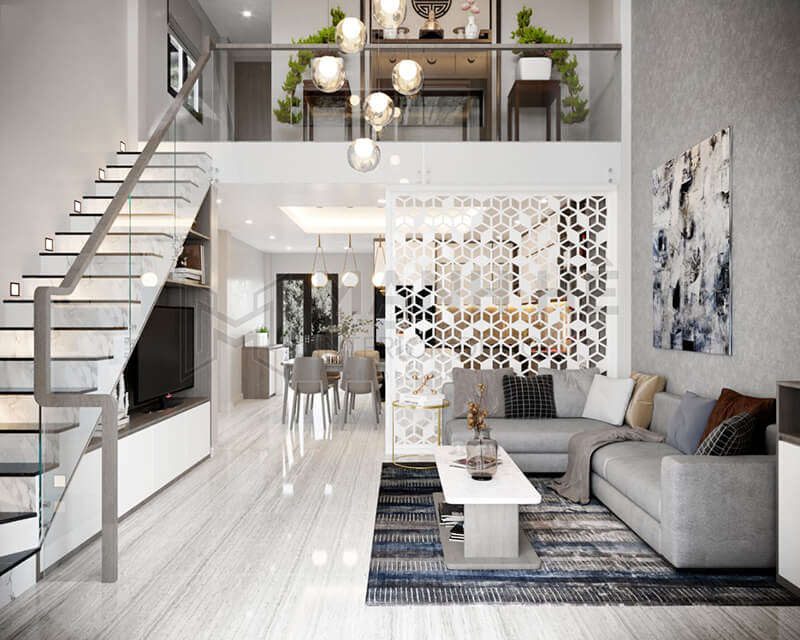 Nhà gác lửng hiện đại cho phòng khách có thêm không gian mang vẻ đẹp sang trọng, hiện đại (Nguồn: Internet)