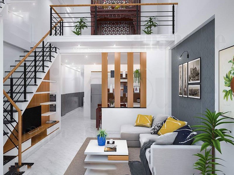 Không gian ấm cúng với nhà cấp 4 gác lửng hiện đại ở phòng bếp đẹp và một góc phòng khách (Nguồn: Internet)