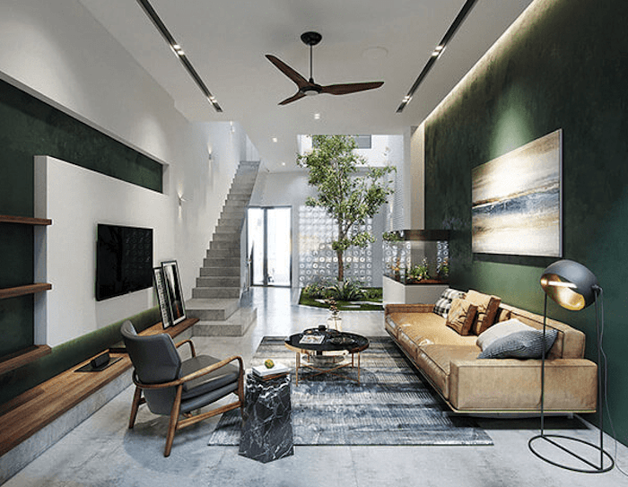 Mẫu phòng khách nhà ống 6m đẹp, tông màu xanh độc đáo