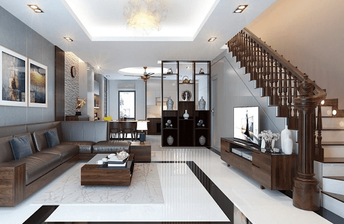 Mẫu phòng khách nhà ống có cầu thang truyền thống