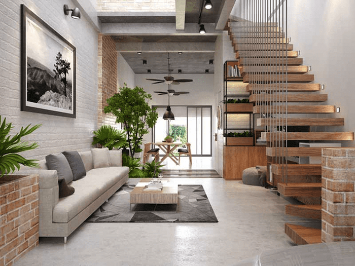 Mẫu phòng khách nhà ống có cầu thang đẹp, đơn giản