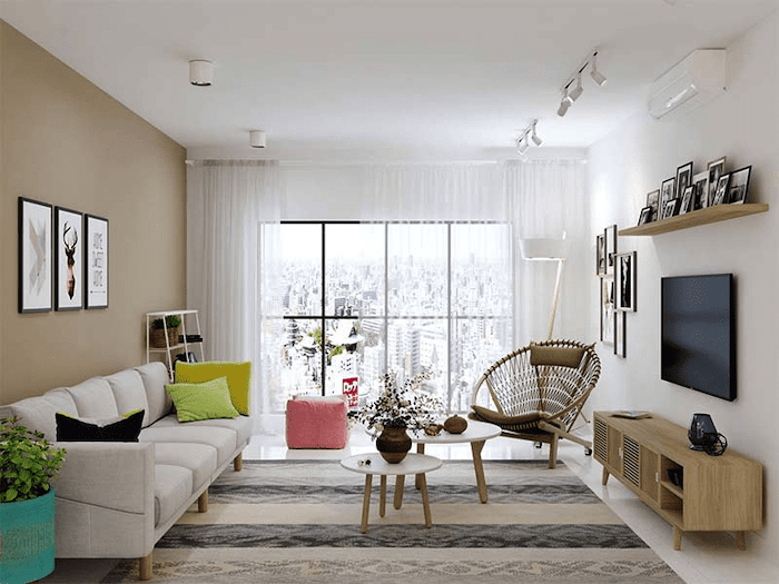 Mẫu thiết kế phòng khách nhà ống với nhiều gam màu tươi sáng