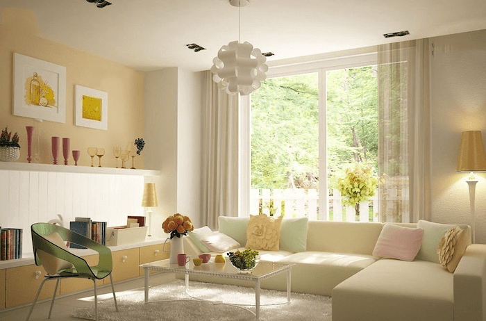 Mẫu phòng khách nhà ống cấp 4 với tông màu nhẹ nhàng, tinh tế