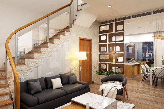 Mẫu phòng khách nhà ống 5m có cầu thang bên trái