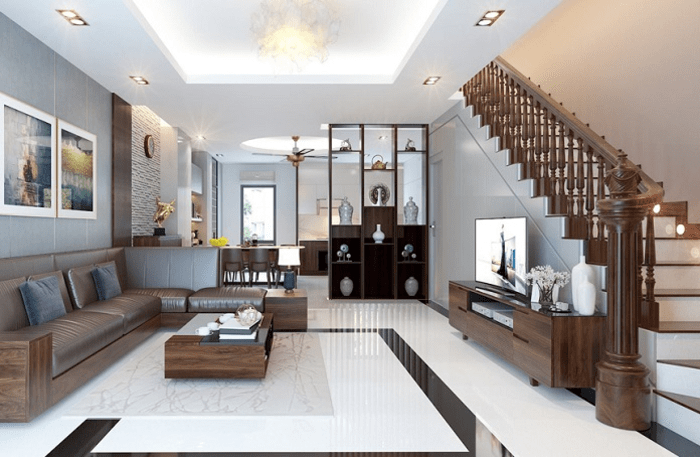 Mẫu thiết kế phòng khách nhà ống 5m có cầu thang kiểu truyền thống