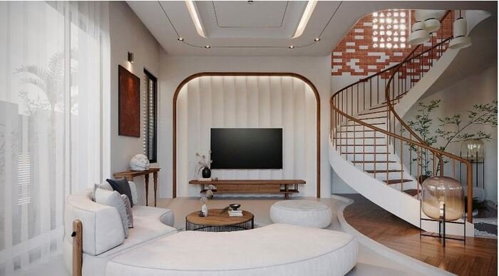 Cách bố trí nội thất phòng khách nhà ống 5m có cầu thang