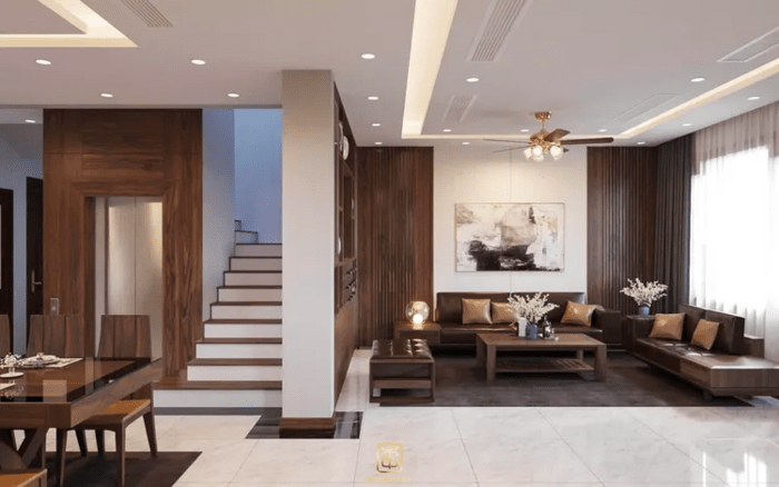 Tối ưu không gian phòng khách nhà ống 5m có cầu thang