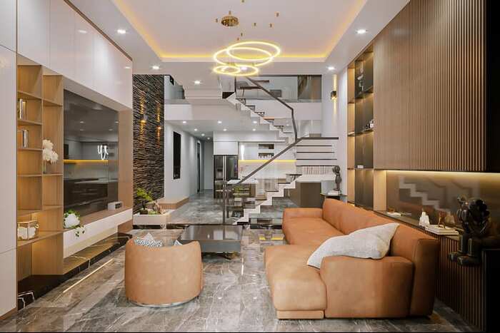 Lưu ý khi thiết kế phòng khách nhà ống 5m có cầu thang