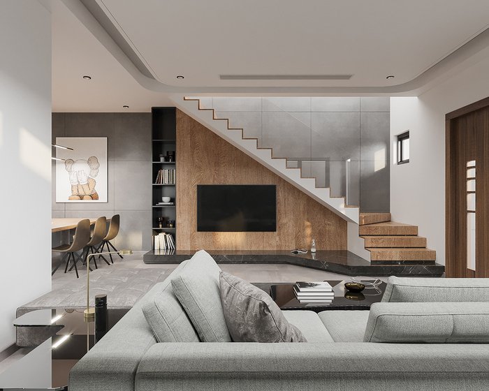 Mẫu phòng khách nhà ống 5m có cầu thang đẹp, đơn giản