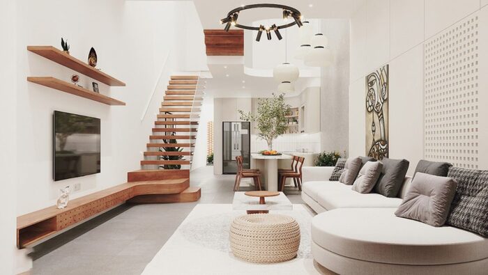 Ưu điểm của thiết kế cầu thang trong phòng khách nhà ống 5m