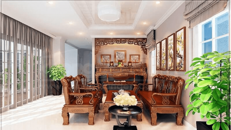 Thiết kế phòng khách nhà ống 5m hiện đại kết hợp phòng thờ